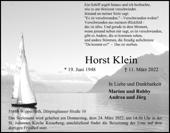 Anzeige von Horst Klein von Kölner Stadt-Anzeiger / Kölnische Rundschau / Express