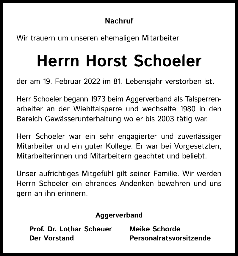  Traueranzeige für Horst Schoeler vom 05.03.2022 aus Kölner Stadt-Anzeiger / Kölnische Rundschau / Express