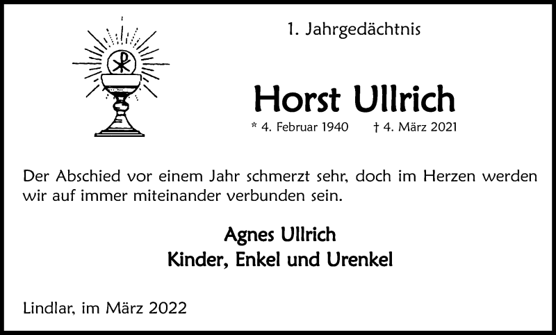  Traueranzeige für Horst Ullrich vom 04.03.2022 aus Kölner Stadt-Anzeiger / Kölnische Rundschau / Express