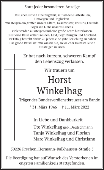 Anzeige von Horst Winkelhag von  Wochenende 