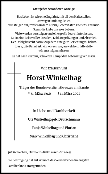Anzeige von Horst Winkelhag von Kölner Stadt-Anzeiger / Kölnische Rundschau / Express