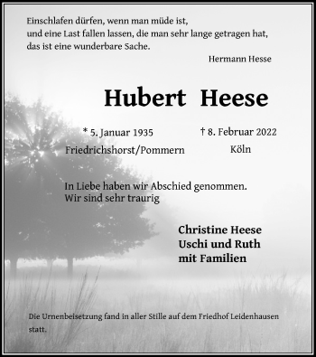 Anzeige von Hubert Heese von Kölner Stadt-Anzeiger / Kölnische Rundschau / Express