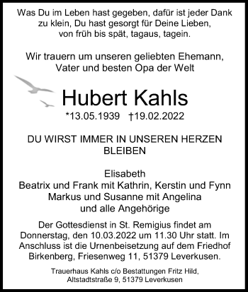 Anzeige von Hubert Kahls von Kölner Stadt-Anzeiger / Kölnische Rundschau / Express