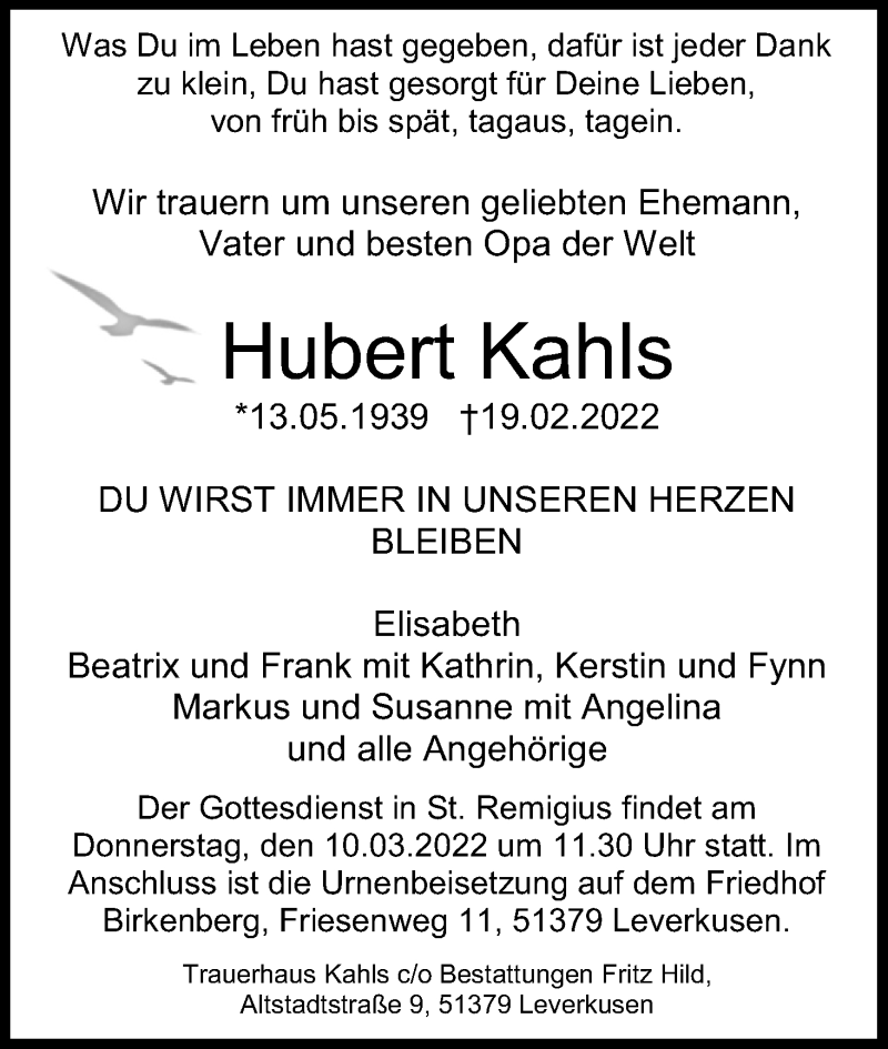  Traueranzeige für Hubert Kahls vom 05.03.2022 aus Kölner Stadt-Anzeiger / Kölnische Rundschau / Express