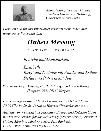 Anzeige von Hubert Messing von Kölner Stadt-Anzeiger / Kölnische Rundschau / Express