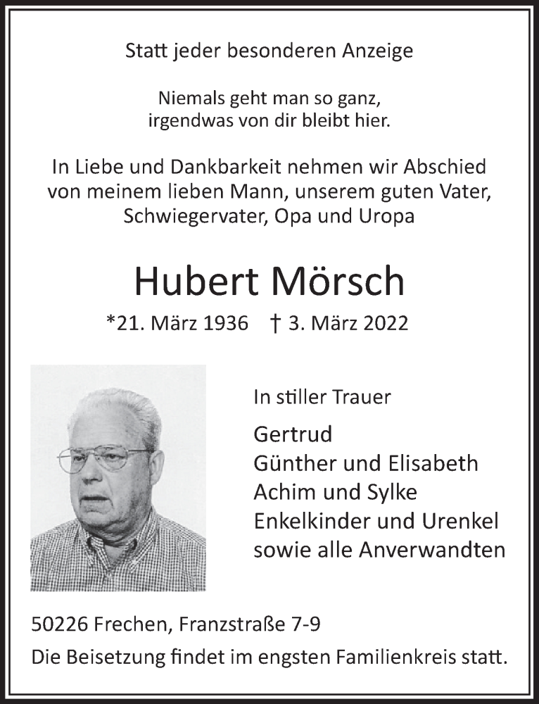  Traueranzeige für Hubert Mörsch vom 11.03.2022 aus  Wochenende 