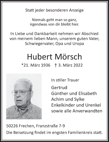 Anzeige von Hubert Mörsch von  Wochenende 
