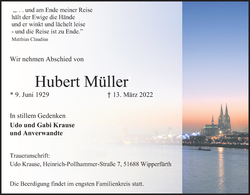  Traueranzeige für Hubert Müller vom 26.03.2022 aus Kölner Stadt-Anzeiger / Kölnische Rundschau / Express