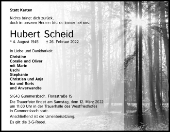 Anzeige von Hubert Scheid von Kölner Stadt-Anzeiger / Kölnische Rundschau / Express