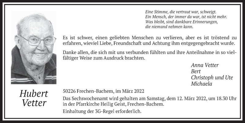  Traueranzeige für Hubert Vetter vom 04.03.2022 aus  Wochenende 