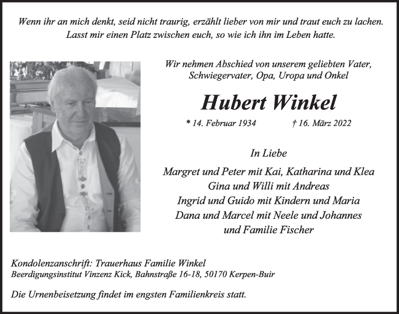 Traueranzeige für Hubert Winkel vom 01.04.2022 aus  Werbepost 