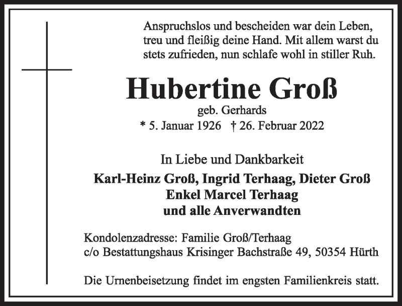  Traueranzeige für Hubertine Groß vom 04.03.2022 aus  Wochenende 