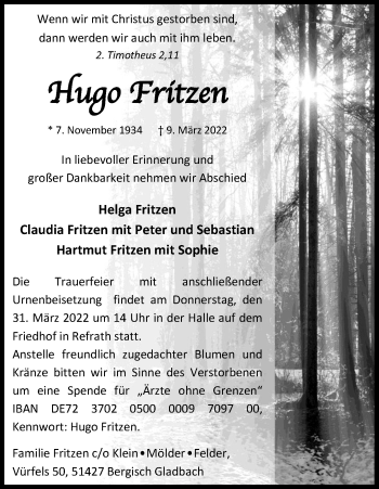 Anzeige von Hugo Fritzen von Kölner Stadt-Anzeiger / Kölnische Rundschau / Express