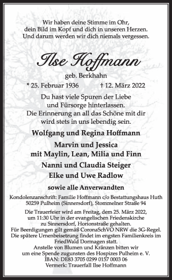 Anzeige von Ilse Hoffmann von  Wochenende 