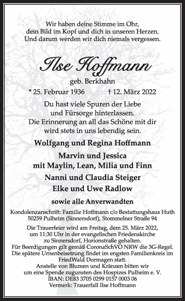  Traueranzeige für Ilse Hoffmann vom 18.03.2022 aus  Wochenende 