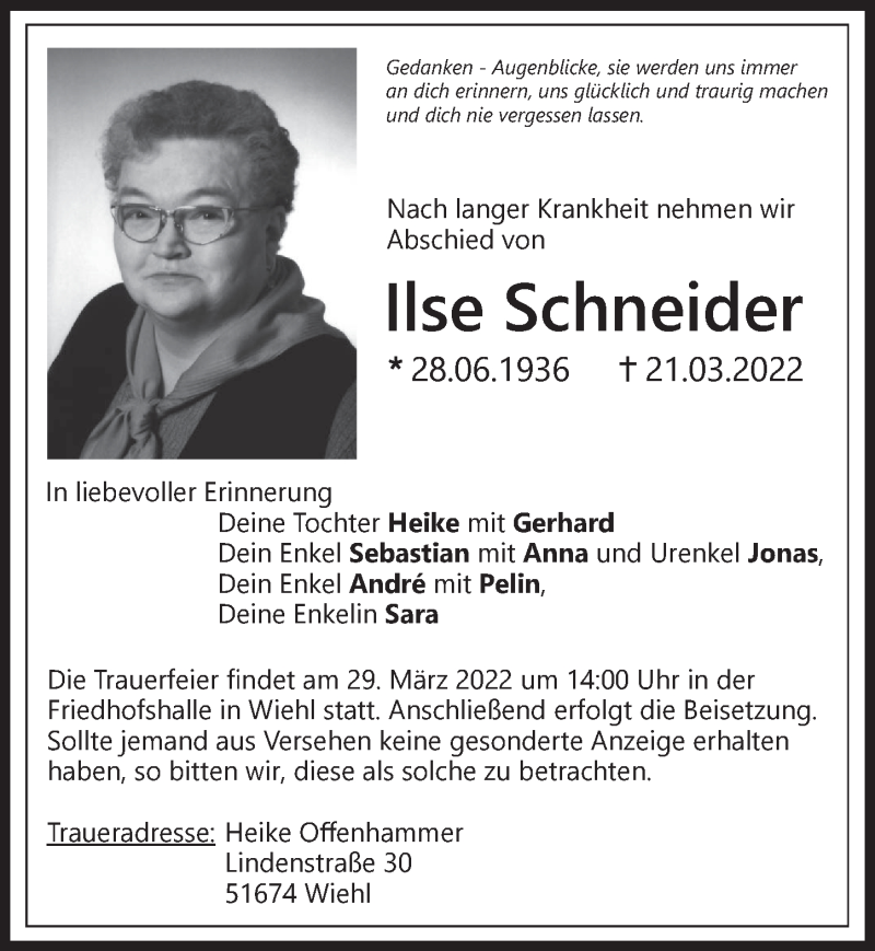  Traueranzeige für Ilse Schneider vom 25.03.2022 aus  Anzeigen Echo 