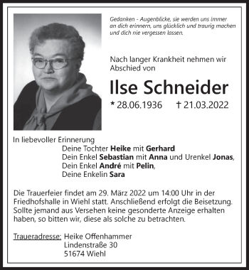 Anzeige von Ilse Schneider von  Anzeigen Echo 