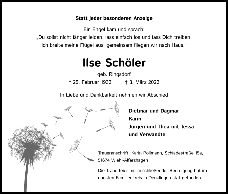  Traueranzeige für Ilse Schöler vom 12.03.2022 aus Kölner Stadt-Anzeiger / Kölnische Rundschau / Express