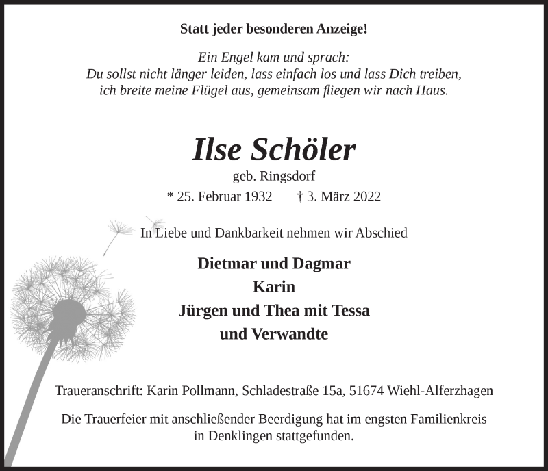  Traueranzeige für Ilse Schöler vom 11.03.2022 aus  Lokalanzeiger 