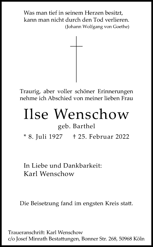  Traueranzeige für Ilse Wenschow vom 12.03.2022 aus Kölner Stadt-Anzeiger / Kölnische Rundschau / Express