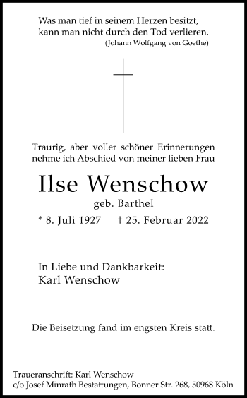 Anzeige von Ilse Wenschow von Kölner Stadt-Anzeiger / Kölnische Rundschau / Express