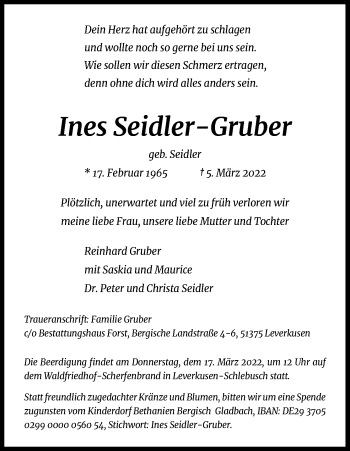 Anzeige von Ines Seidler-Gruber von Kölner Stadt-Anzeiger / Kölnische Rundschau / Express
