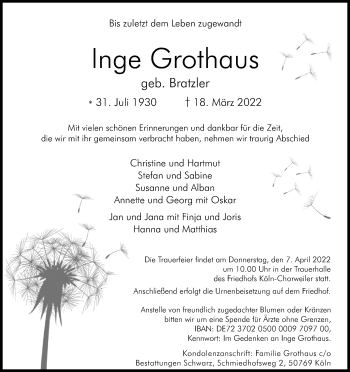 Anzeige von Inge Grothaus von Kölner Stadt-Anzeiger / Kölnische Rundschau / Express
