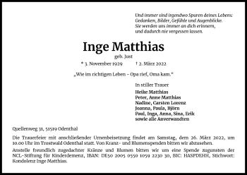 Anzeige von Inge Matthias von Kölner Stadt-Anzeiger / Kölnische Rundschau / Express