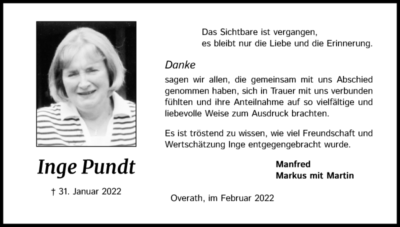  Traueranzeige für Inge Pundt vom 05.03.2022 aus Kölner Stadt-Anzeiger / Kölnische Rundschau / Express