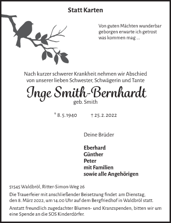 Anzeige von Inge Smith-Bernhardt von  Lokalanzeiger 