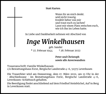 Anzeige von Inge Winkelhausen von Kölner Stadt-Anzeiger / Kölnische Rundschau / Express