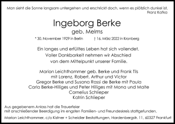 Anzeige von Ingeborg Berke von Kölner Stadt-Anzeiger / Kölnische Rundschau / Express