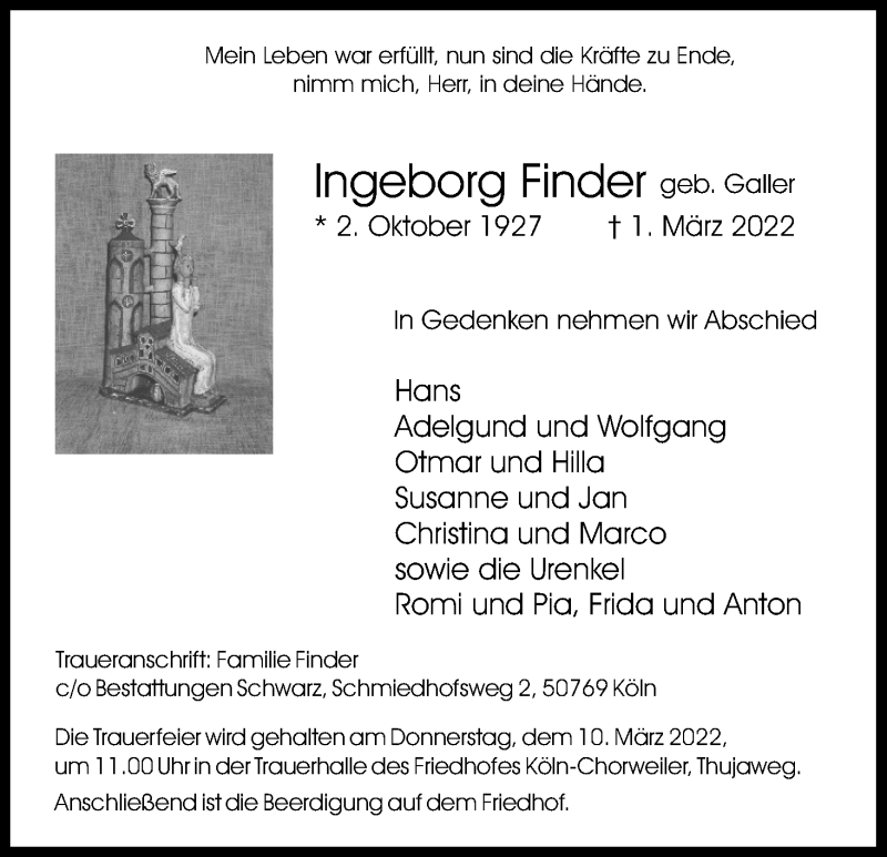  Traueranzeige für Ingeborg Finder vom 05.03.2022 aus Kölner Stadt-Anzeiger / Kölnische Rundschau / Express