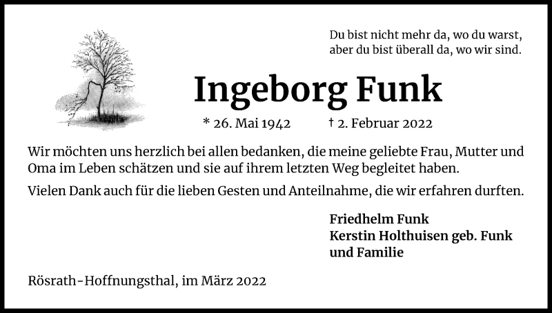  Traueranzeige für Ingeborg Funk vom 19.03.2022 aus Kölner Stadt-Anzeiger / Kölnische Rundschau / Express