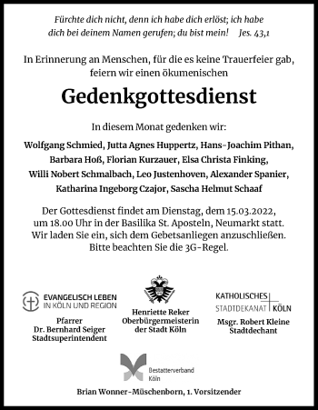 Anzeige von In Gedenken an  von Kölner Stadt-Anzeiger / Kölnische Rundschau / Express