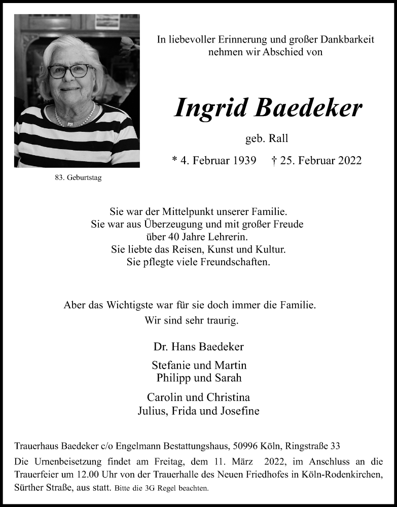  Traueranzeige für Ingrid Baedeker vom 05.03.2022 aus Kölner Stadt-Anzeiger / Kölnische Rundschau / Express