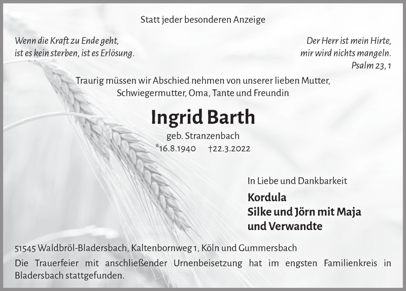  Traueranzeige für Ingrid Barth vom 01.04.2022 aus  Lokalanzeiger 