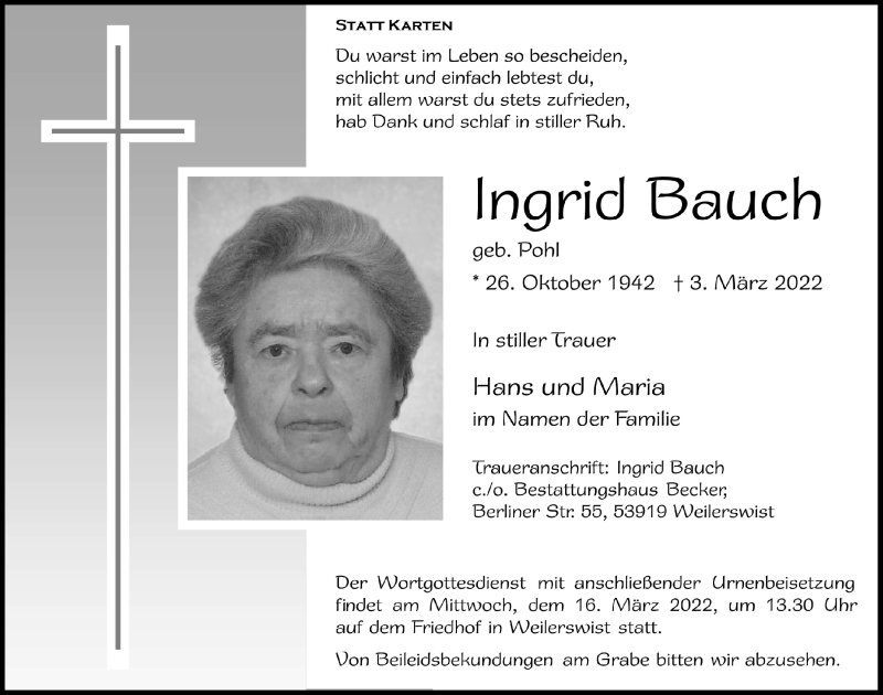  Traueranzeige für Ingrid Bauch vom 12.03.2022 aus  Blickpunkt Euskirchen 