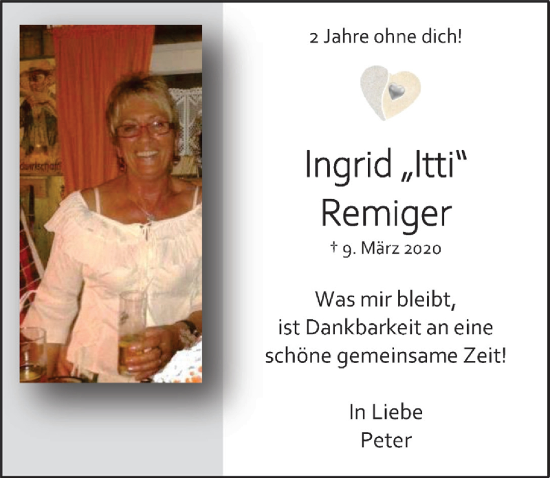  Traueranzeige für Ingrid Remiger vom 11.03.2022 aus  Bergisches Handelsblatt 