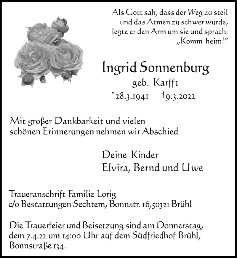  Traueranzeige für Ingrid Sonnenburg vom 01.04.2022 aus  Schlossbote/Werbekurier 