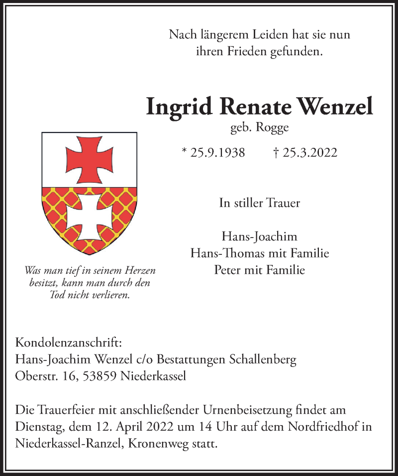  Traueranzeige für Ingrid Renate Wenzel vom 01.04.2022 aus  Extra Blatt 