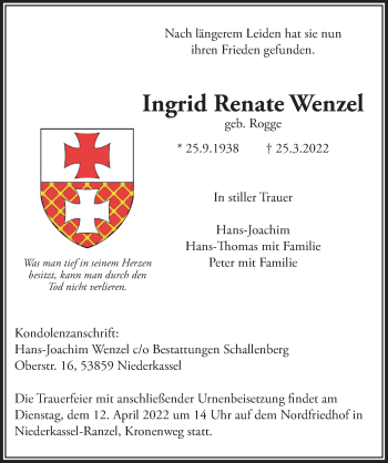 Anzeige von Ingrid Renate Wenzel von  Extra Blatt 