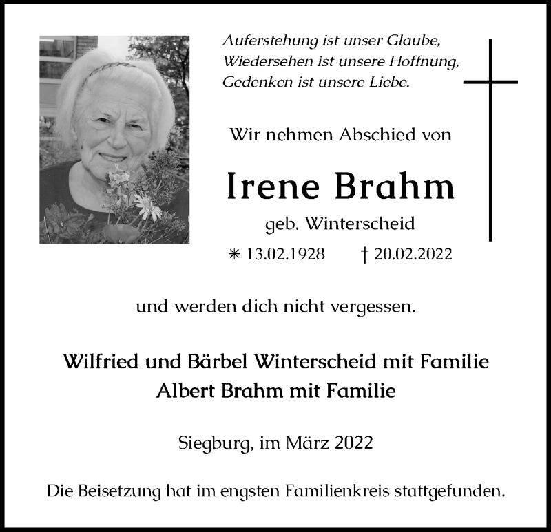  Traueranzeige für Irene Brahm vom 12.03.2022 aus Kölner Stadt-Anzeiger / Kölnische Rundschau / Express
