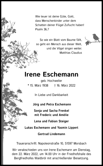 Anzeige von Irene Eschemann von Kölner Stadt-Anzeiger / Kölnische Rundschau / Express