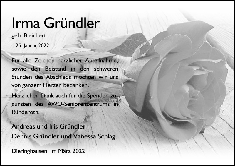  Traueranzeige für Irma Gründler vom 11.03.2022 aus Kölner Stadt-Anzeiger / Kölnische Rundschau / Express