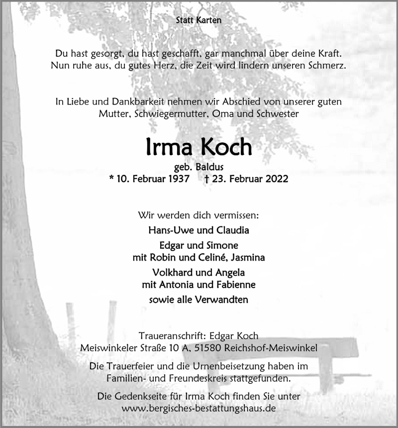  Traueranzeige für Irma Koch vom 04.03.2022 aus  Lokalanzeiger 