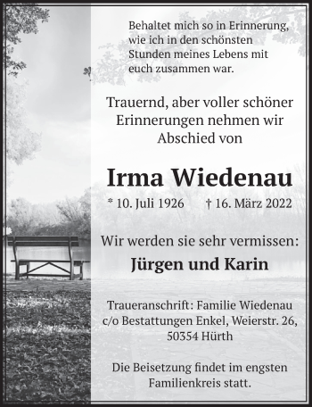 Anzeige von Irma Wiedenau von  Wochenende 