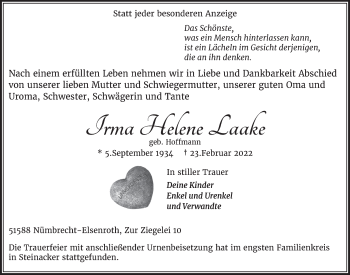 Anzeige von Irma Helene Laake von  Lokalanzeiger 