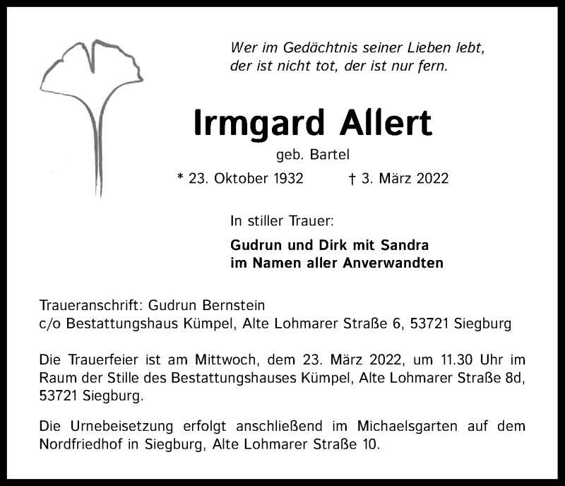  Traueranzeige für Irmgard Allert vom 12.03.2022 aus Kölner Stadt-Anzeiger / Kölnische Rundschau / Express