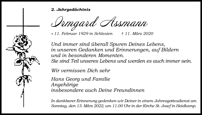  Traueranzeige für Irmgard Assmann vom 12.03.2022 aus Kölner Stadt-Anzeiger / Kölnische Rundschau / Express